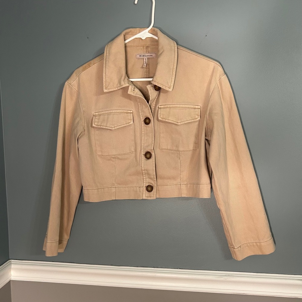 BCBGeneration Womens Tan Beige Cropped Cotton Twill Trucker Jacket XS